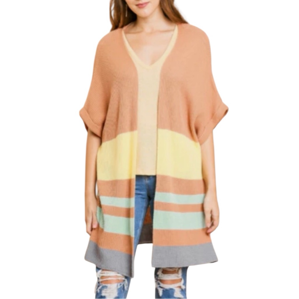 Umgee Color Block Open Front Longline Cardigan Size Medium Nwt Tan Yellow